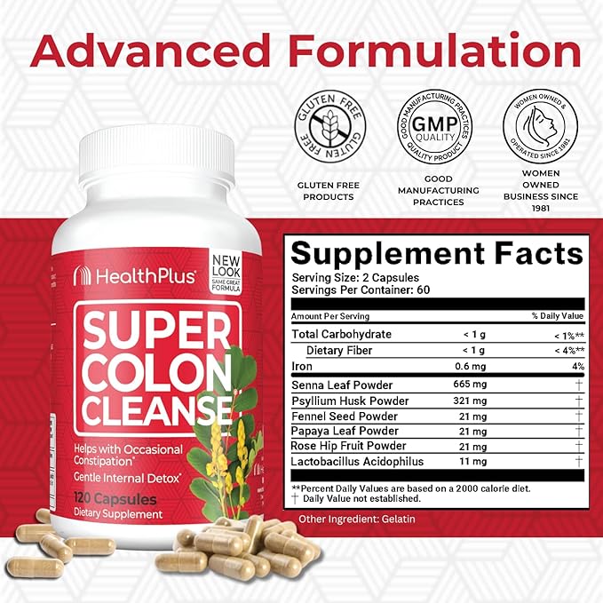 Health Plus Super Colon Cleanse 10 Day Gentle Gut Cleanse Detox, Psyllium Husk, Probiotics for Constipation Relief & Digestive Support, 120 Capsules