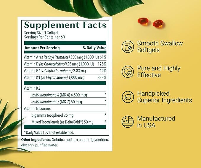 ALGAECAL D3 Complete - Vitamin D Complex - D3 K2 Vitamin 1000iu, ADEK Vitamins Bariatric, Best Vitamin D Supplement. 60 Easy-Swallow Softgels, 3 Month Supply
