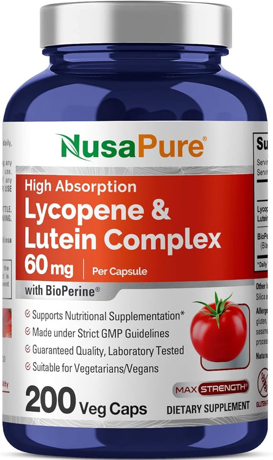 NusaPure Lycopene & Lutein Complex 60mg per Caps, 200 Veggie Capsules (Non-GMO, Vegan)