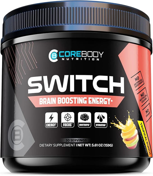 CoreBody Switch Energy Drink Mix -Nootropics Brain Support Supplement for Memory & Focus, Sugar Free Energy Booster with Nootropics, Alpha GPC, All Day Energy and Focus* (Tropical Punch)