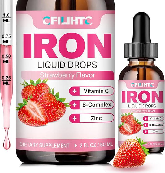 Liquid Iron Supplement for Women Men & Kids Multivitamin Iron Drops with Folate, Vitamin C, B6, B12, Zinc for Anemia, Iron Deficiency, Blood Builder, Energy - Natural Strawberry Flavor, Vegan 2 Fl Oz