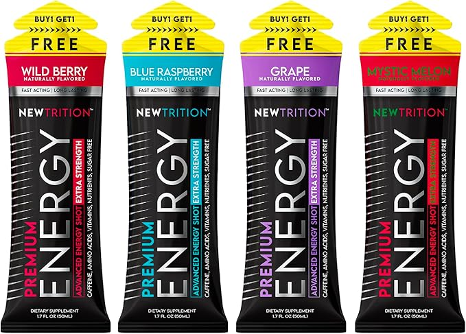 Extra Strength Energy Shots, Caffeine Energy Shots with Vitamin B & Amino Acids, Sugar-Free Vitamin Energy Shot, 1.7 fl oz, Raspberry, 4 Count