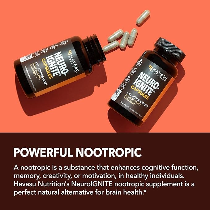 NeuroIgnite Brain Supplements for Memory and Focus Support with St Johns Wort & Ginkgo Biloba - Nootropics Brain Support Supplement - Cognitive & Memory Supplement for Brain Health - 2 Month Supply