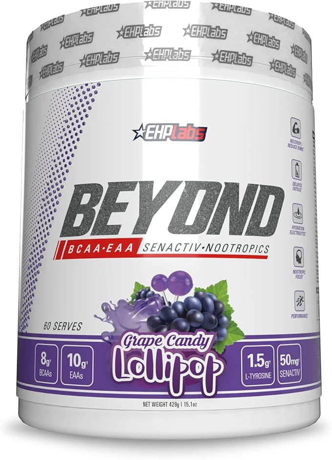 EHP Labs Beyond BCAA Powder Amino Acids Post Workout Recovery - BCAAs Essential Amino Acids EAA Supplements Powder - 10g Amino Acids Supplement for Muscle Recovery, 60 Servings (Grape Candy Lollipop)