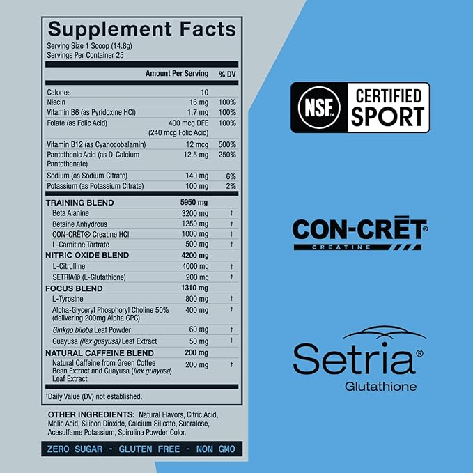 ZOA+ Zero Sugar Pre Workout Powder, Wild Berry - NSF Certified for Sport with Electrolytes, Creatine, Beta Alanine, Ginkgo Biloba, 200mg Caffeine - 25 Servings