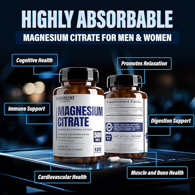 Premium Magnesium Citrate 500mg Capsules (Citrato de Magnesio) High Absorption Formula Chelated Buffered Citrate to Support Digestion, Bone, Sleep & Muscle Health - 120 Capsules