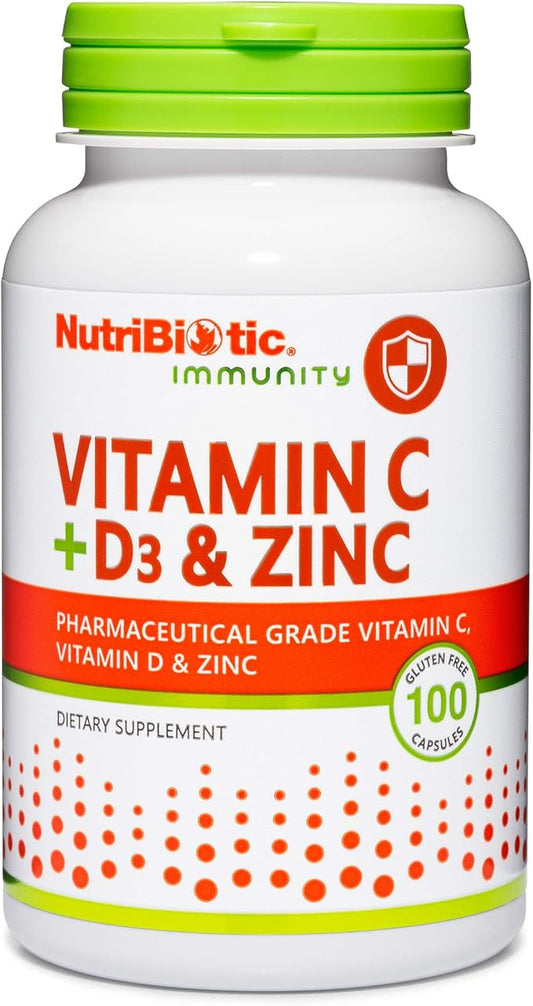 NutriBiotic – Vitamin C + Vitamin D3 & Zinc, 100 Capsules | Potent, Comprehensive Immune Support | Essential & Antioxidant Daily Supplement | Gluten & GMO Free