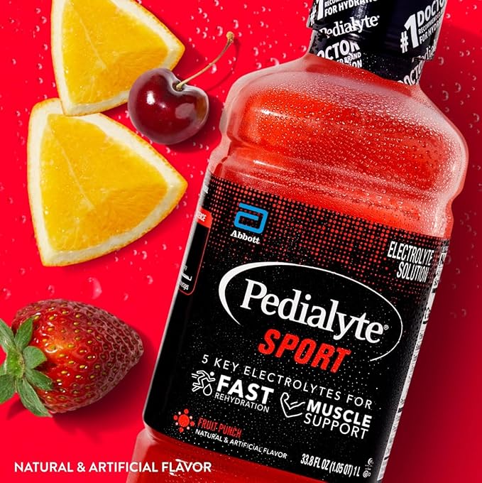 Pedialyte Sport Electrolyte Drink, Fast Hydration with 5 Key Electrolytes for Muscle Support Before, During, & After Exercise, Fruit Punch, 1 Liter, Pack of 4