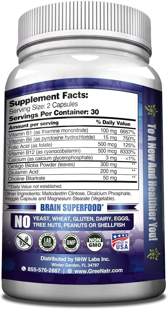 Brain Supplements for Memory and Focus - Ginko Biloba Capsules Brain Booster Supplement with B1, Folic Acid & Calcium - Memory Supplements for Cognitive Function & Brain Health 3 Bottles