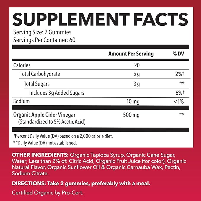 Organic Apple Cider Vinegar Gummies - ACV Gummies to Support Digestive Health and Gut Flora for Digestion - Natural Apple Flavor - 120 Organic, Vegan, and Non-GMO Apple Cider Vinegar Gummies