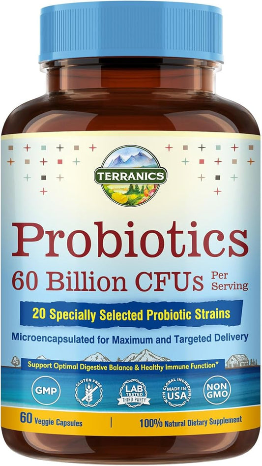 Terranics Probiotics 60 Billion CFU, 20 Strains, 60 Veg Capsules, Prebiotics & Probiotics, Shelf Stable Probiotic Supplement for Men & Women, Digestive & Immune Health, Non-GMO, NO Soy, Dairy & Gluten