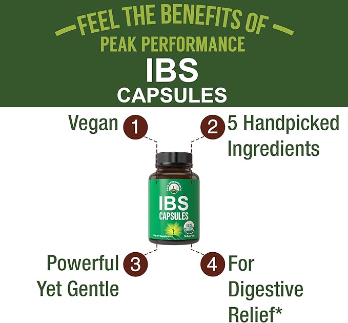 USDA Organic IBS Capsules for Relief, Ingestion, Bloating, Gas. Irritable Bowel Supplement with 5 Handpicked Organic Ingredients. Peppermint Oil, Sea Buckthorn, Fennel Seed, Rosemary Leaf, Basil Leaf