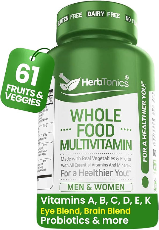 Whole Food Multivitamin for Adults | Multivitamins for Men & Women | Superfoods, Real Raw Veggies, Fruits, Vitamin E, A, B Complex | Vegan Non-GMO 120 Vegetarian Capsules