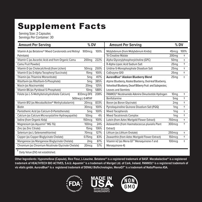 Whole Food Multivitamins for Adults & Seniors - Multivitamins for Women & Men - 2X a Day Adult Vitamins with Vitamin A, C & D3 - Natural & Sugar-Free | 60 Caps [30 Servings]
