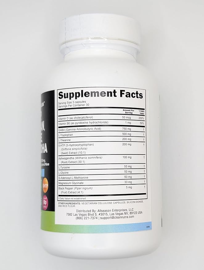 Clean Nutraceuticals GABA 5 HTP L Tryptophan L Theanine Ashwagandha SAM-e L-Glycine - Mood Support Vitamins for Women and Men with L-Tyrosine - 1 Pack