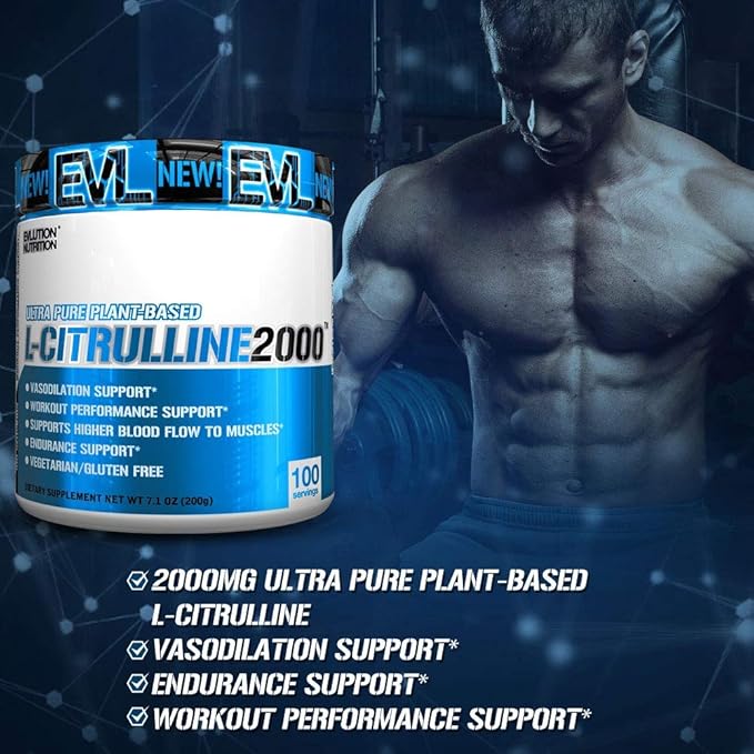 Evlution L-Citrulline2000 Nitric Oxide Pre Workout Powder Nutrition High Strength L Citrulline Powder for Enhanced Muscle Strength and Intense Pumps - Plant Based Nitric Oxide Booster - Unflavored