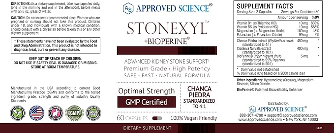 Approved Science Stonexyl - Herbal Support for Kidney Stones - 60 Capsules - Chanca Piedra - High Absorption -1 Month Supply - Vegan