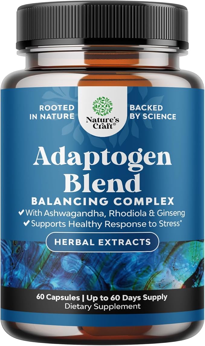 Herbal Adaptogen Mood Support Supplement - Calming Adaptogens Supplement for Stress & Cortisol Management with Ashwagandha Rhodiola Rosea & Maca Root - Vegan Non GMO & Daytime Friendly - 60ct