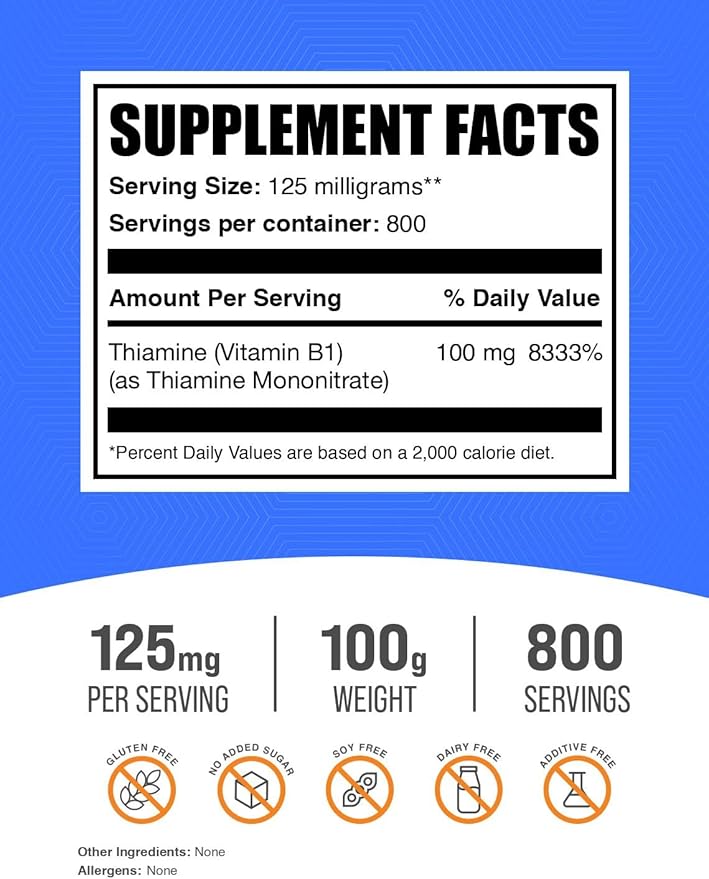 BulkSupplements.com Thiamine Mononitrate Powder - Vitamin B1 Powder, Thiamine B1 Supplement - B1 Vitamins, Gluten Free, 125mg per Serving, 100g (3.5 oz) (Pack of 1)