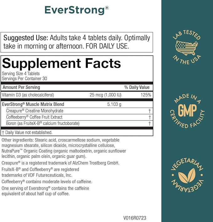 Purity Products EverStrong - Muscle Matrix Blend - Creatine Monohydrate - Boron (FruiteX-B PhytoBoron) - CoffeeBerry Extract - Boosted with 1000 IU Vitamin D - 120 Tablets from