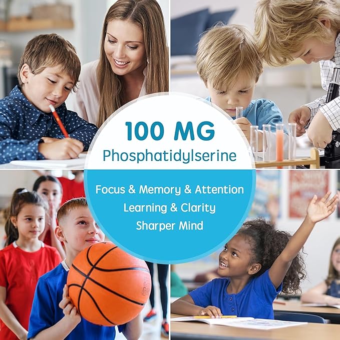 Phosphatidylserine Supplement 100mg, Focus Gummies for Kids Teens + Vitamin C & D3 400IU, Sugar Free Kids Brain Gummies Increase Attention & Concentration, Chewable, Vegan, Gluten Free, Non-GMO 60Cts