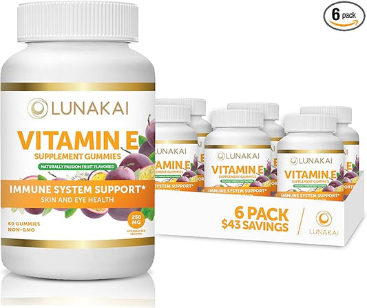 Vitamin E Gummies with Vitamin C - Tastiest Proprietary Formula - 250mg (400IU) Vit E - Antioxidant, Skin & Eye Health Support, Non-GMO, Vegan Vitamin E Supplement - Natural Vitamina E Gummy - 6 Pack
