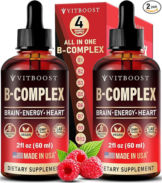 Vitamin B Complex Supplement with 20000 mcg - Extra Strength for Men and Women - Vegan| Raspberry Liquid Drops| USA Made, B1, B2, B3, B5, B6, Biotin, Folic Acid & B12 Methylcobalamin | 4 Months Supply