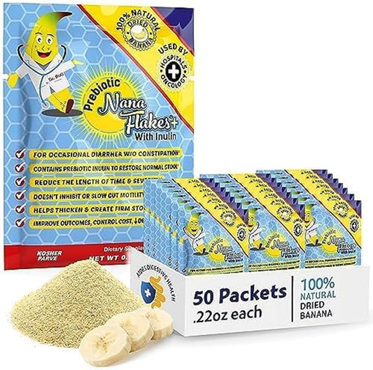 Nutritional Designs Nana Flakes Anti-Diarrheal Banana Powder, IBS Relief & Heart Burn Remedy, 100% Pure Banana Flakes Medical Food - Prebiotic - Natural - High Protein & Fiber (50 Single-Serve Packs)
