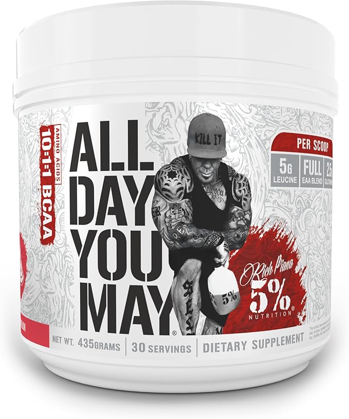 5% Nutrition Rich Piana AllDayYouMay BCAA Powder | Premium Intra & Post Workout Amino Acids, Hydration, Endurance, Muscle Recovery, Joint & Liver Support | 15.3 oz, 30 Servings (Watermelon)