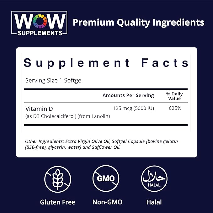 WOW Supplements Vitamin D3 5000 IU Softgels, 125 mcg - Vitamin D3 5000IU Supplement for Strong Bones and Immune Support - Non-GMO, Gluten Free Vitamin D 5000 IU - VIT D3 5000 IU Softgels - 120 Count