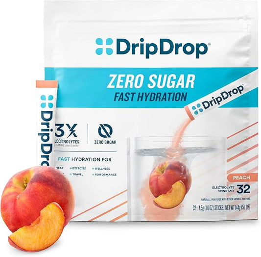 DripDrop Hydration - Zero Sugar Peach - Electrolyte Drink Mix Single Serve Hydration Powder Packets | Non-GMO, Gluten Free, Vegan | 32 Sticks
