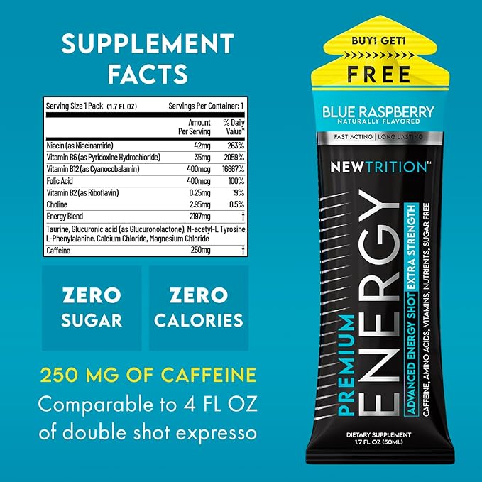 Extra Strength Energy Shots, Caffeine Energy Shots with Vitamin B & Amino Acids, Sugar-Free Vitamin Energy Shot, 1.7 fl oz, Blue Raspberry, 24 Count