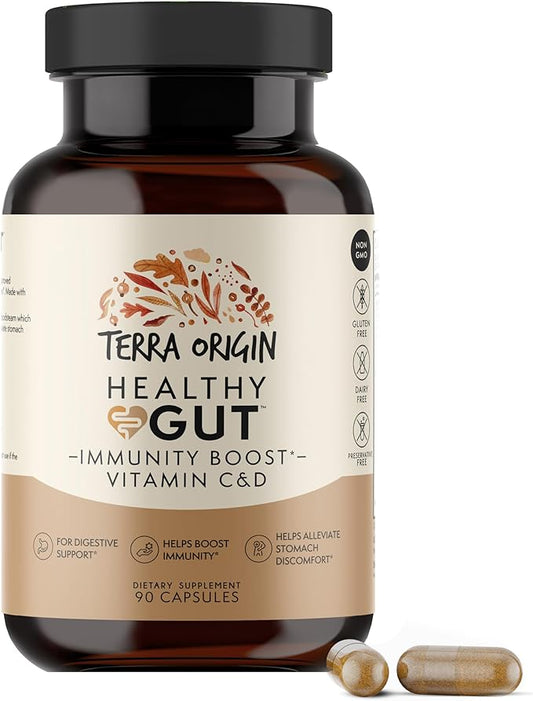 TERRA ORIGIN Healthy Gut Capsules with Immunity Boost | 90 Capsules | Digestive Support Including intestinal Permeability, IBS, Bloating, Gas and Constipation* 30 Servings/90 Capsules.