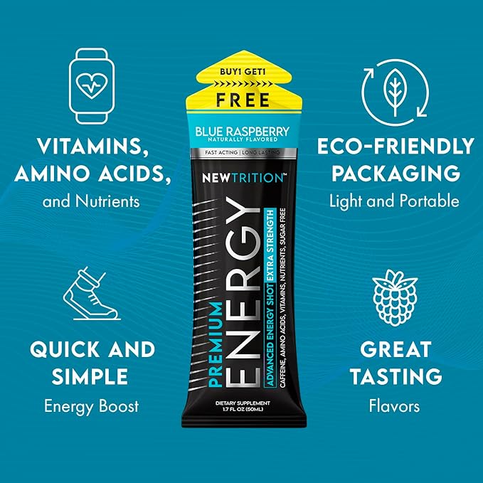 Extra Strength Energy Shots, Caffeine Energy Shots with Vitamin B & Amino Acids, Sugar-Free Vitamin Energy Shot, 1.7 fl oz, Blue Raspberry, 24 Count