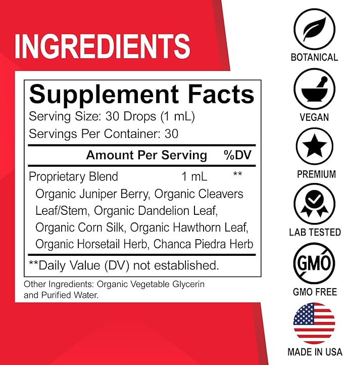 Kidney Support Supplement Bladder Health - Organic Kidney Bladder Supplements Drops Juniper Berry Cleavers Dandelion - Renal Kidney Cleanse Detox Urinary Tract Herbal Bladder Support Flush Kidneys 1oz
