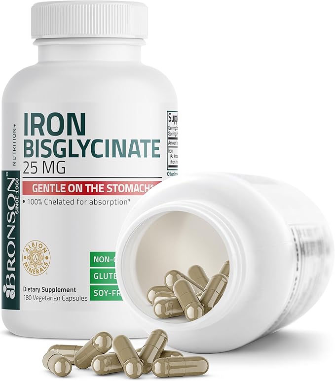 Bronson Iron Bisglycinate 25 mg Gentle on The Stomach, Supports Energy & Healthy Red Blood Cell Production - Non-Constipating Formula - Non GMO, 180 Vegetarian Capsules