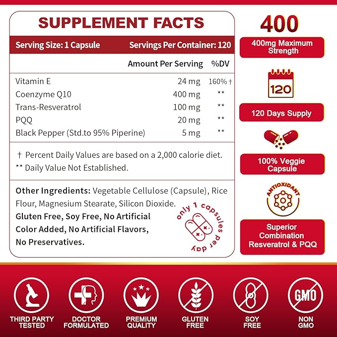 ZEBORA CoQ10-400mg with Trans-Resveratrol, PQQ & Vitamin E - High Absorption Coenzyme-Q10 with BioPerine - Powerful Antioxidant for Heart & Energy-Production,120 Veggie Capsules