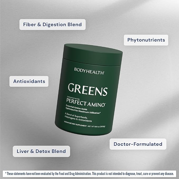BodyHealth Greens Enhanced with PerfectAmino - Daily Superfood Green Apple Smoothie Powder with Vegetables, Fruit, Antioxidants, Prebiotics, Probiotics, Fiber, and Protein - 30 Servings