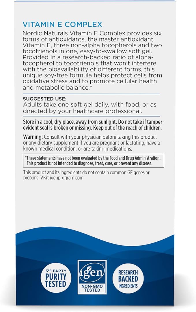 Nordic Naturals Vitamin E Complex, Unflavored - 30 Soft Gels - 6 Forms of Vitamin E for Antioxidant Support - Cellular Protection - Non-GMO - 30 Servings