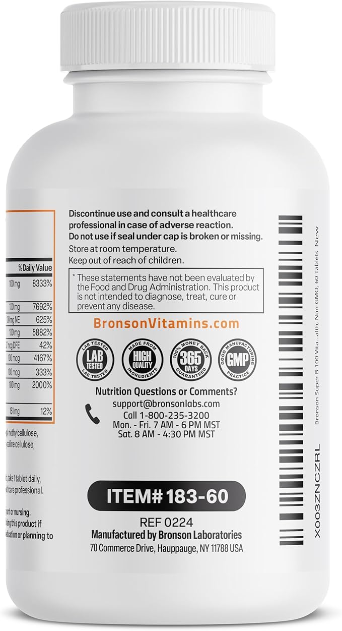Bronson Vitamin B 100 Complex High Potency Sustained Release (Vitamin B1, B2, B3, B6, B9 - Folic Acid, B12), 60 Tablets