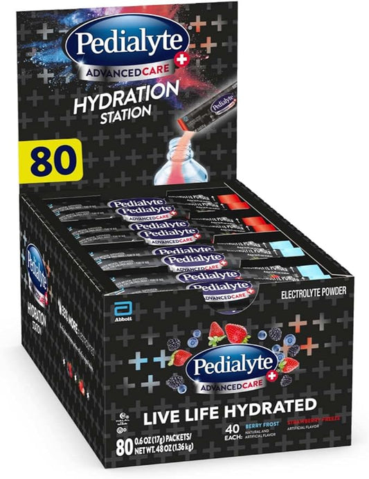 Pedialyte Multi Pack, Electrolyte Hydration Drink, 0.6 oz Electrolyte Powder Packs, 80 Count