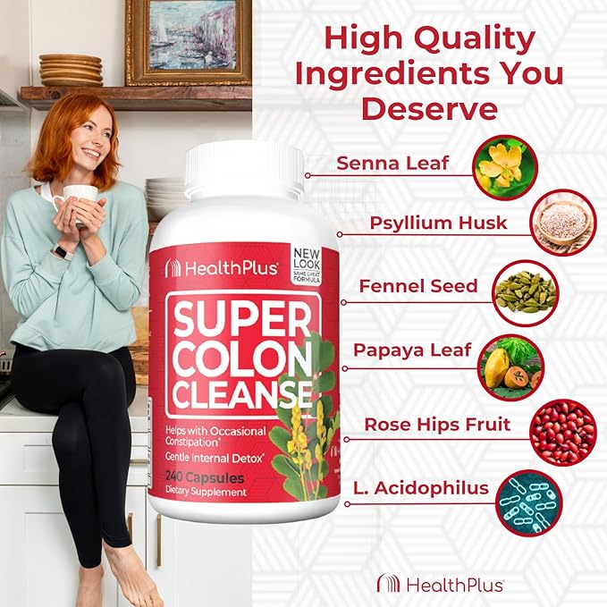 Health Plus Super Colon Cleanse 10 Day Gentle Gut Cleanse Detox, Psyllium Husk, Probiotics for Constipation Relief & Digestive Support, 240 Capsules