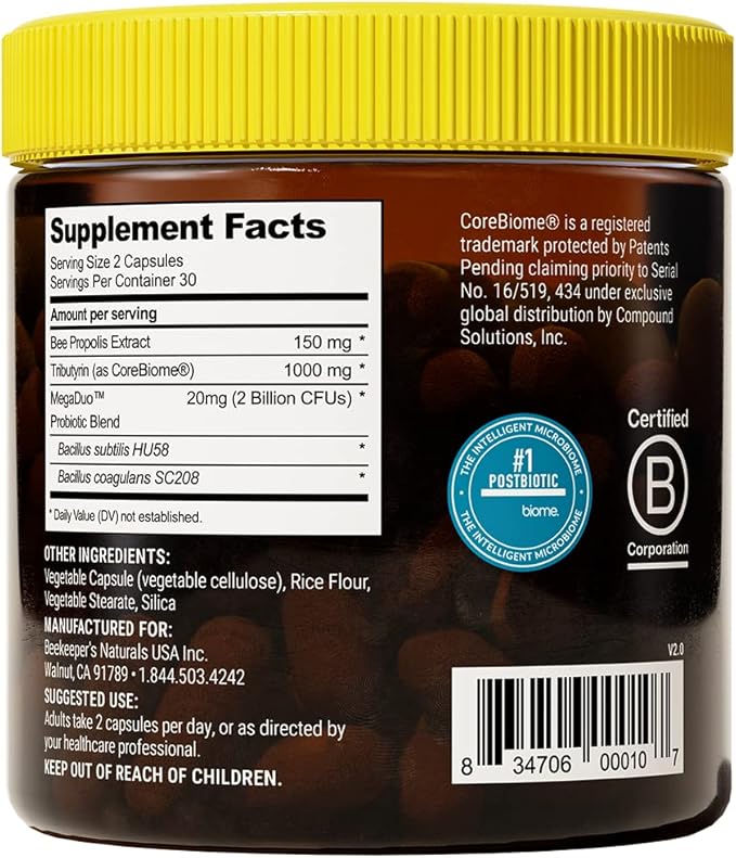 Beekeeper's Naturals Complete Gut Health, 3-in-1 Prebiotic, Postbiotic, Probiotics for Digestive Health & Bloating Relief for Women & Men, Propolis Powered, Gluten-Free Vegan Capsules, 60ct