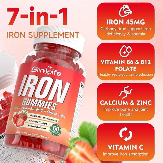 Iron Gummies for Women, Men & Kids, Sugar Free Iron Supplement with Calcium, Zinc, Folate & Vitamin B12, C, B6 - for Blood Building & Energy Support, Anemia, Strawberry, 120 Count