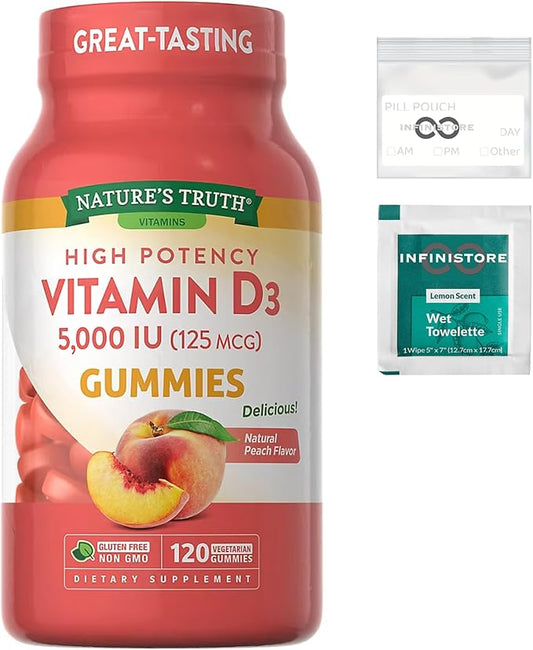 InfiniStore™ Medicine Pouch & Scented Moist Towelette Bundled with Nature Truth Vitamin D3, Natural Peach Flavor Gummies, 5,000 IU, 120 Count - Non GMO, Gluten Free, Vegan