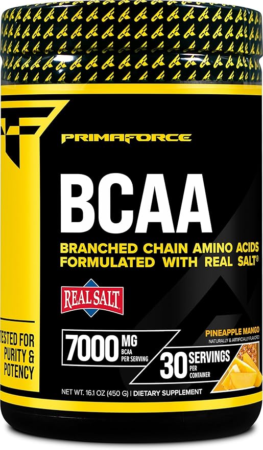 Primaforce BCAA Powder (Pineapple Mango) (30 Servings) - 7000MG 2:1:1 BCAAs, Post-Workout Recovery Drink with Amino Acids and Real Salt for Men & Women