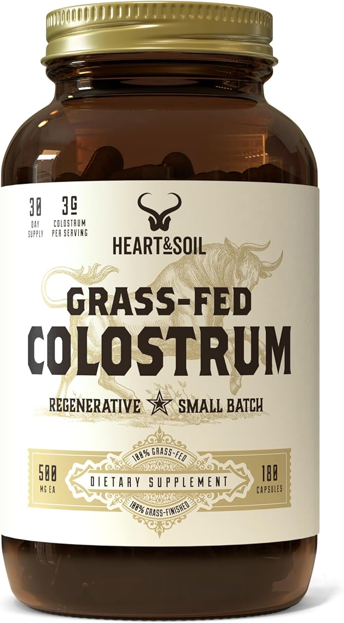 HEART & SOIL Grass-Fed Colostrum – Dietary Supplement for Skin Health & Exercise Recovery-Non-GMO, Allergen-Free Colostrum Supplement for Immune Support, Gut Health, & More - 180 Capsules