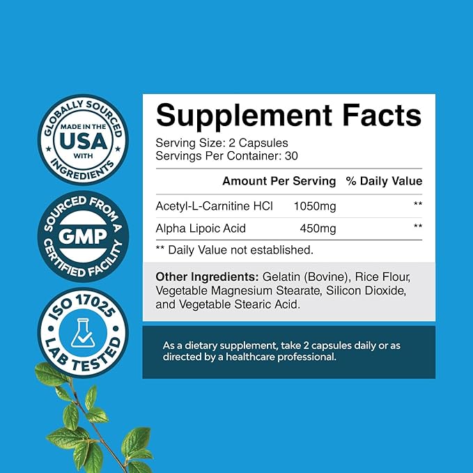 Pure Alpha Lipoic Acid Supplement with Acetyl L-Carnitine - Natural ALA ALC Amino Acids Boost Memory Support Mental Performance and Raise Energy Levels Metabolism - 60 Capsules