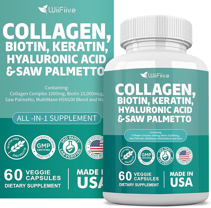 Collagen 1000 mg Biotin 10000 mcg Kerarin Blend 500mg Saw Palmetto 2500mg Folate 1000 mcg with Hyaluronic Acid Vitamin C E Paba Keratin MSM Quercetin Mineral Supplements, 60 Capsules