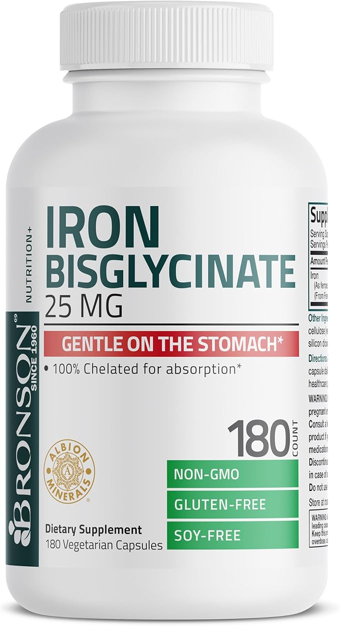 Bronson Iron Bisglycinate 25 mg Gentle on The Stomach, Supports Energy & Healthy Red Blood Cell Production - Non-Constipating Formula - Non GMO, 180 Vegetarian Capsules